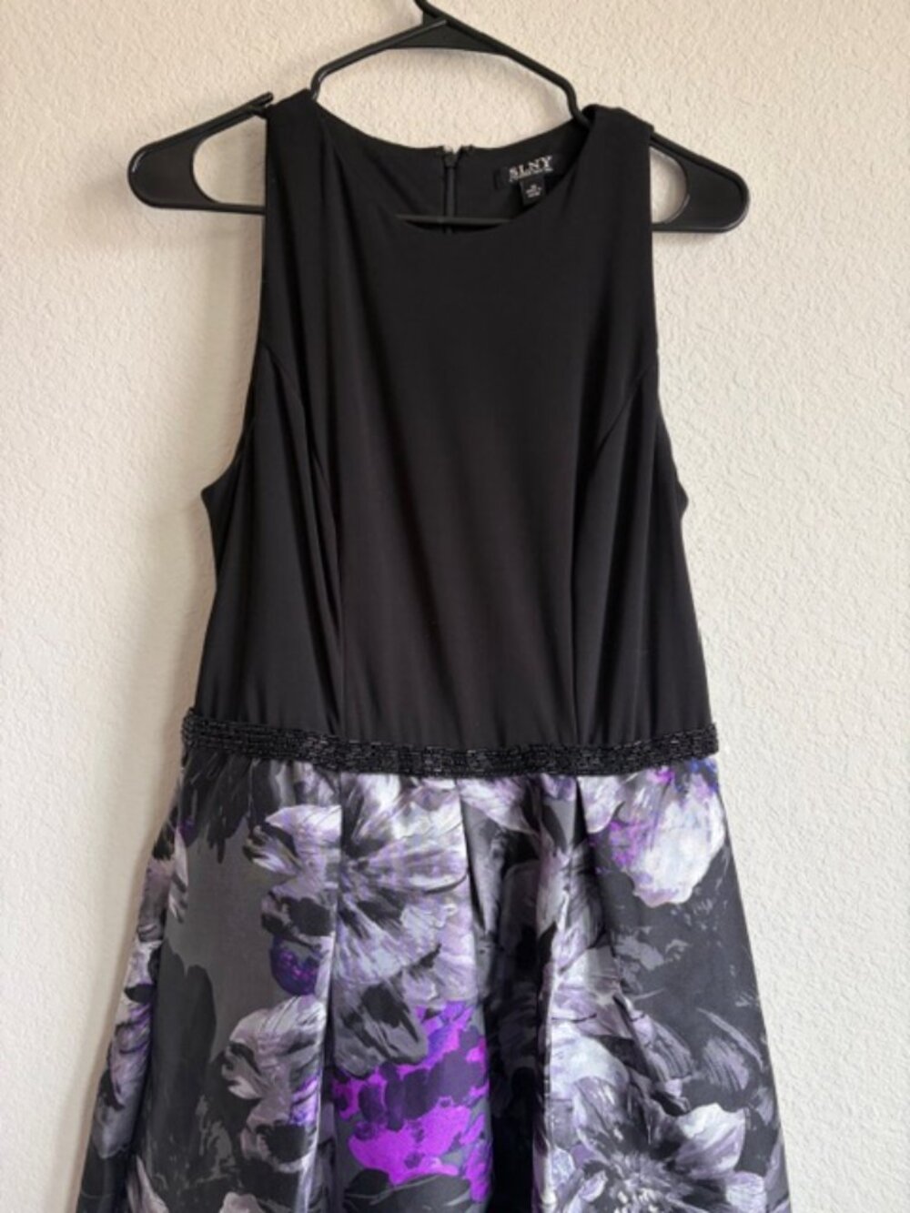 SLNY Womens SZ 10 Black High-Low Floral-print Beaded Cocktail Dress Wedding - Picture 4 of 9